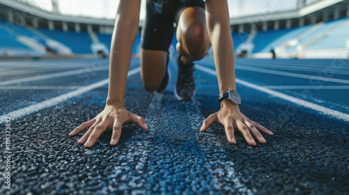 Female athlete in starting position on track, preparing for a competition focused on fitness, endurance, and running challenges