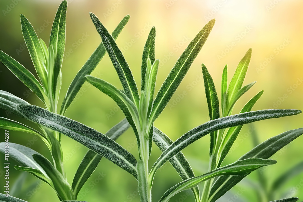 Obraz premium Fresh green rosemary sprigs, close-up, garden background, sunlight, culinary herb