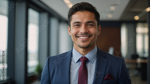  Smiling elegant confident young professional Latino Hispanic business man , male proud leader, smart Latin businessman lawyer