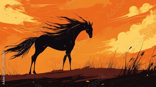 Silhouette of a black horse at sunset in a field photo