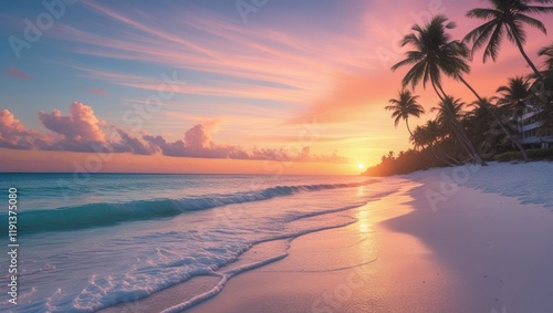 Sunset over the beach with palms and ocean photo