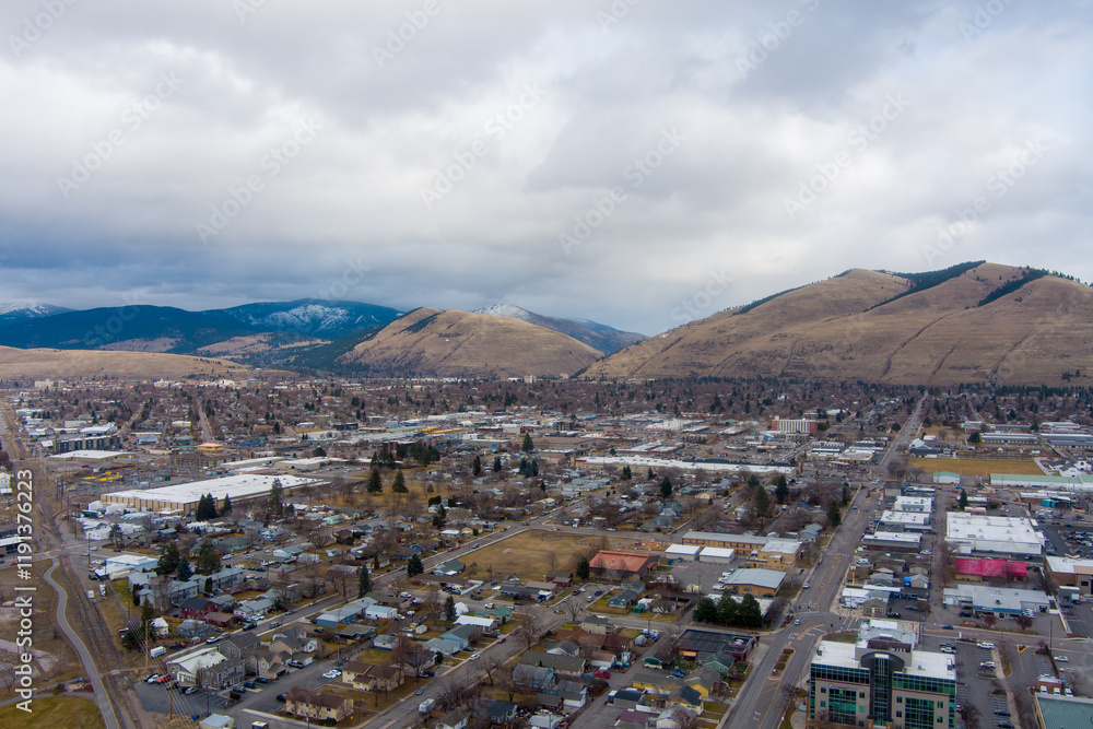 Fototapeta premium Aerial view of Missoula, Montana in December