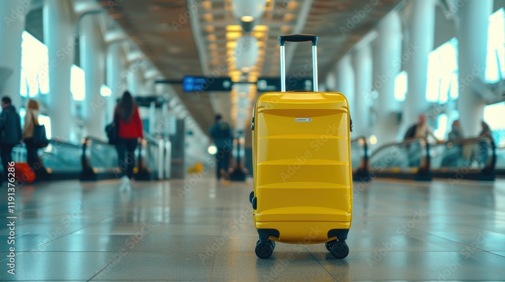 Abandoned suitcase in a vacant terminal, traveler belongings in a departure lounge, representing a holiday theme Abandoned suitcase in a vacant terminal, traveler belongings in a departure lounge, representing a holiday theme