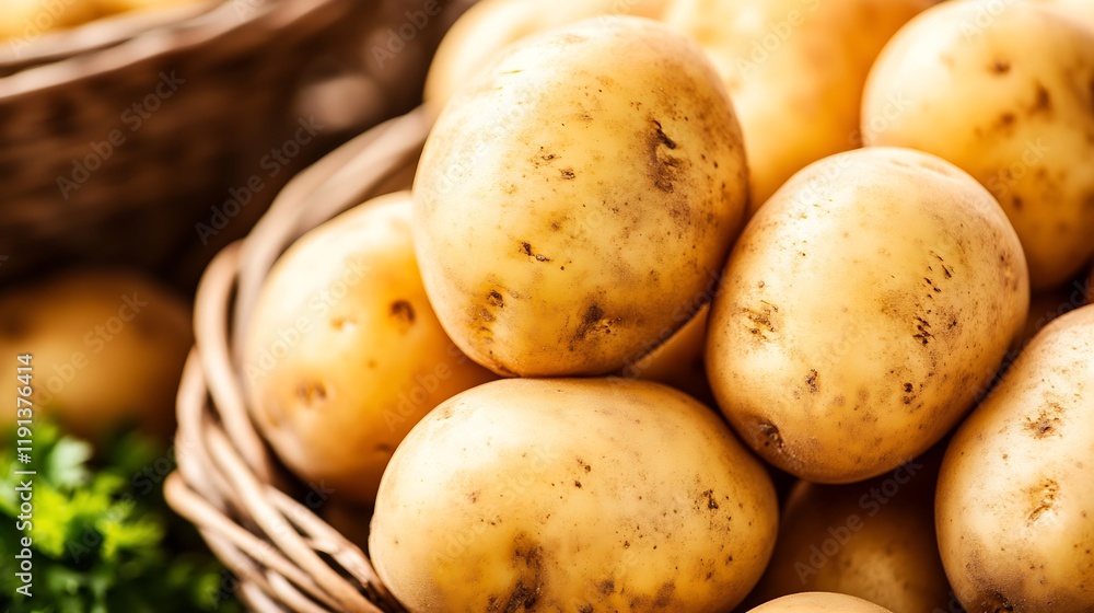 Natural Raw Potatoes with Rich Earth Tones in Rustic Wicker Basket for Farm Market : Generative AI Natural Raw Potatoes with Rich Earth Tones in Rustic Wicker Basket for Farm Market : Generative AI