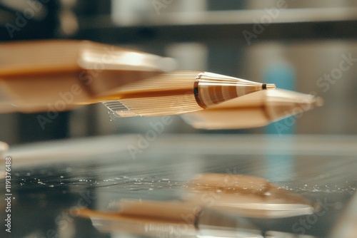 Golden writing instruments, reflective surface, water droplets. photo