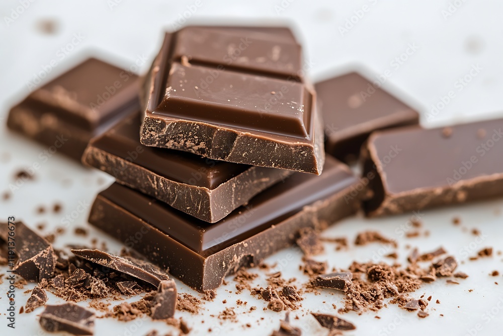 Rich Dark Chocolate Chunks with Crumbled Pieces on White Background : Generative AI Rich Dark Chocolate Chunks with Crumbled Pieces on White Background : Generative AI