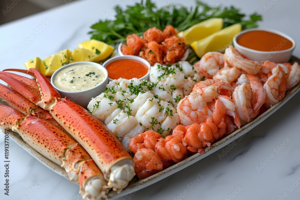 Delicious seafood platter with crab legs, shrimp, lobster, and dipping sauces Delicious seafood platter with crab legs, shrimp, lobster, and dipping sauces