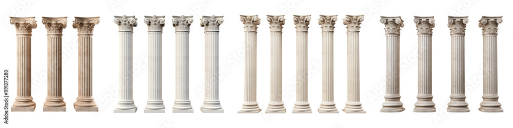 Doric columns isolated on transparent background, Set of Doric columns isolated on transparent background, Set of