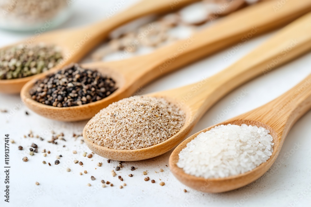 Assorted Cooking Spices and Grain in Wooden Spoons for Gourmet and Culinary Inspiration : Generative AI Assorted Cooking Spices and Grain in Wooden Spoons for Gourmet and Culinary Inspiration : Generative AI
