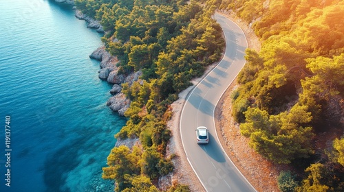 A compact urban car drives along a winding coastal road surrounded by lush greenery and a clear blue sea