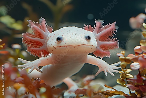 Pink axolotl swimming underwater near algae photo