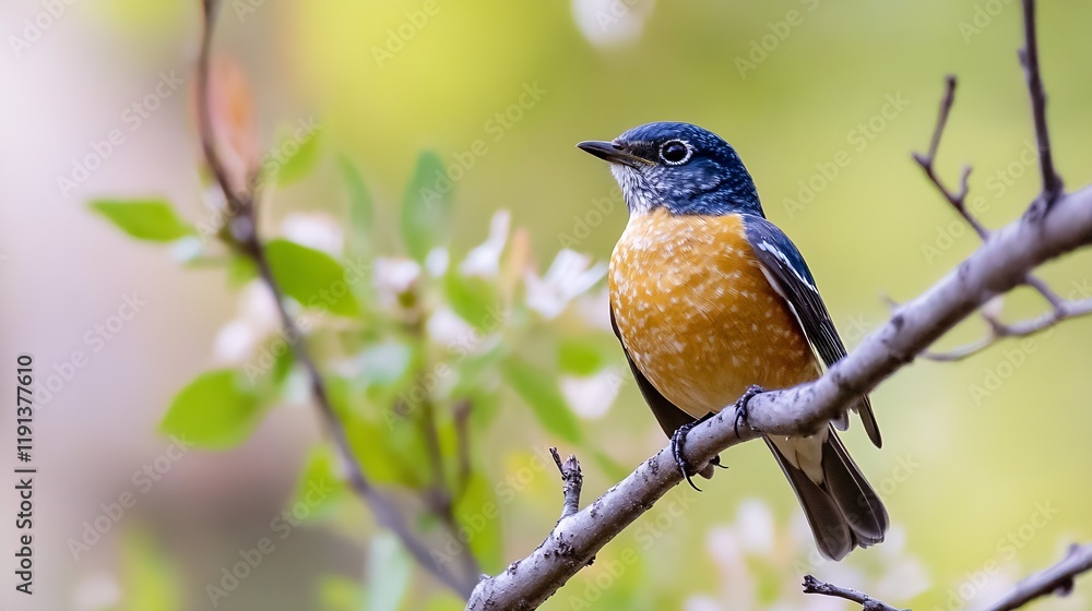 Charming Robin Perched on Branch Against Soft Blurred Floral Background : Generative AI Charming Robin Perched on Branch Against Soft Blurred Floral Background : Generative AI