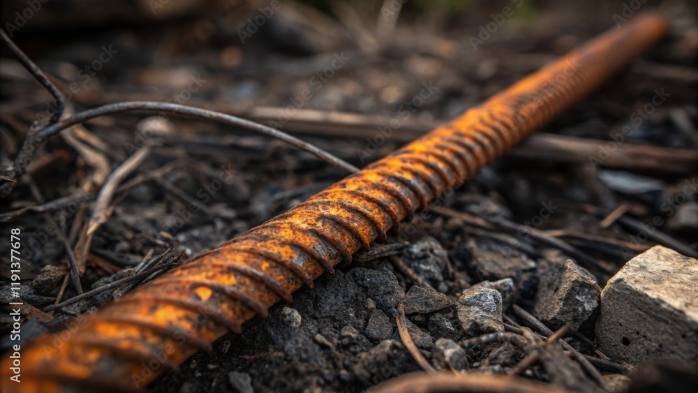 Fototapeta premium A closeup depicting rebar partially submerged in debris its surface furrowed with bright rust hues telling a tale of abandonment and the slow but sure reclaiming of materials by