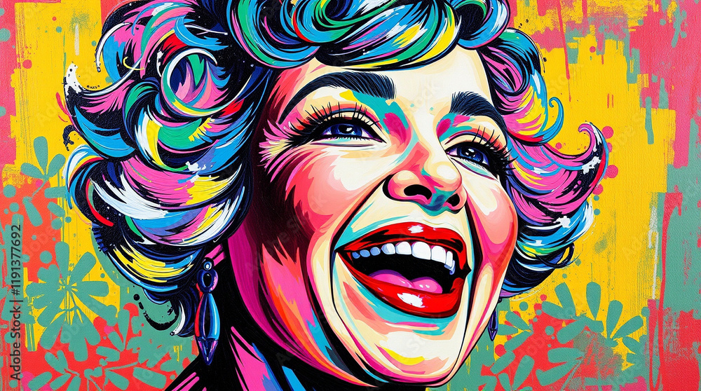 Vibrant pop art portrait of a laughing woman with colorful hair and bold features. A joyful and expressive artwork. Vibrant pop art portrait of a laughing woman with colorful hair and bold features. A joyful and expressive artwork.