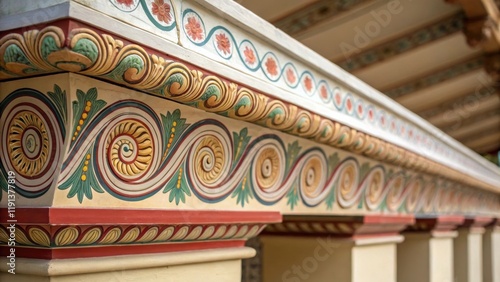 A closeup detail of ornamental cornices that curve and twist playfully adorned with vibrant engravings and patterns reflecting the spontaneity inherent in postmodern approaches.
