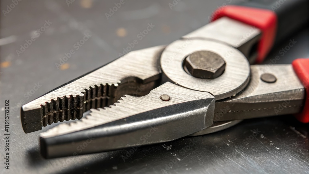 A closeup image of a pair of pliers focusing on the hinge mechanism displaying the fine tolerances in the pivot point and the sharp teeth designed for gripping with minute A closeup image of a pair of pliers focusing on the hinge mechanism displaying the fine tolerances in the pivot point and the sharp teeth designed for gripping with minute