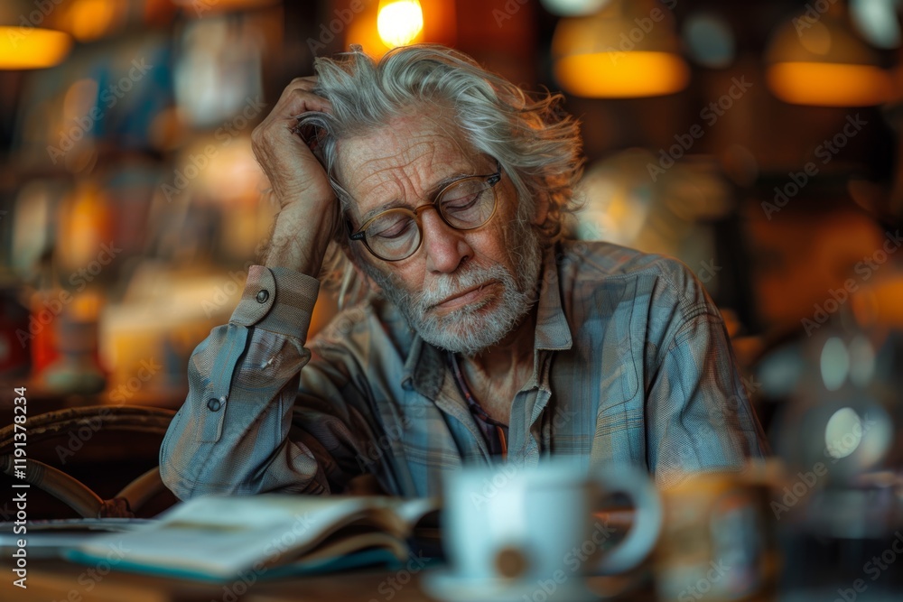 Obraz premium An elderly person sitting at a table, displaying signs of stress, fatigue, and anxiety, reflecting on worries related to debt and mental health challenges during retirement