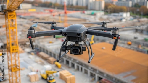 A closeup of a heavyduty drone capturing aerial images of a construction site reflecting how aerial technology aids in project monitoring and problemsolving. photo