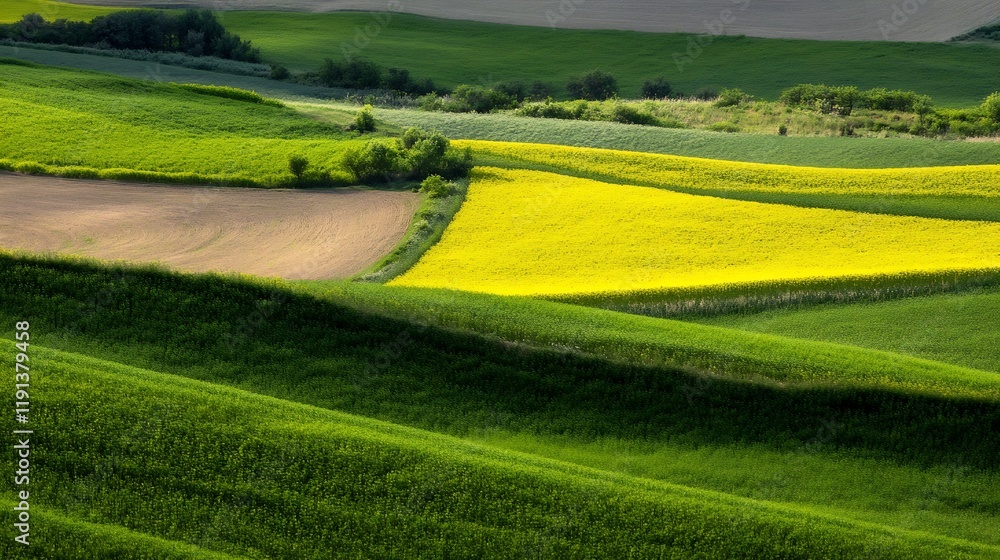 Fototapeta premium Vibrant Patchwork of Lush Agricultural Fields Creating a Colorful Mosaic of Green and Yellow : Generative AI