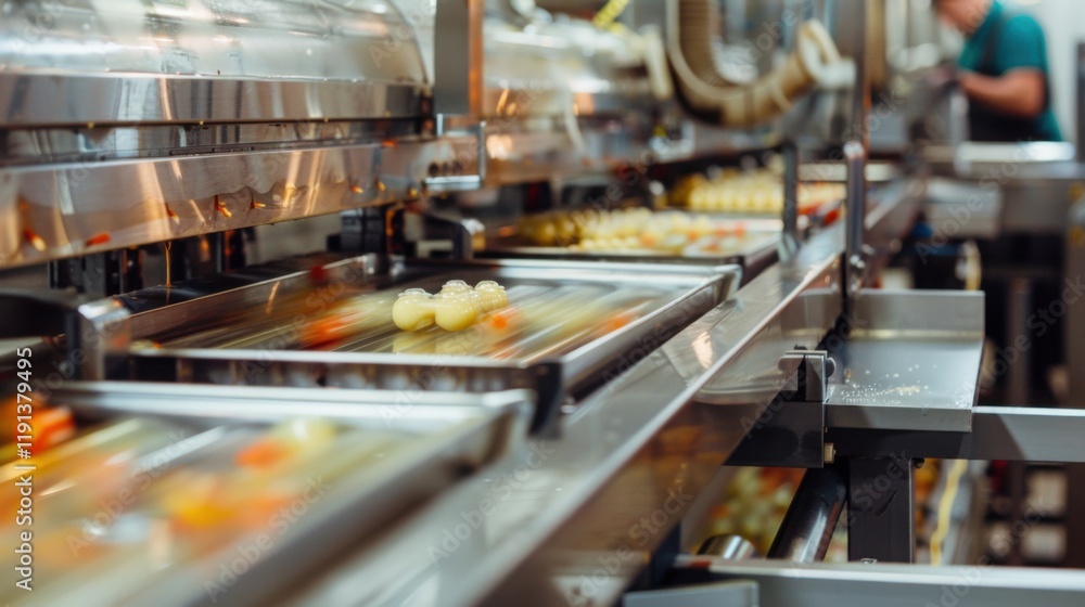 A close-up of a packaging engineer in a food processing plant inspecting automated packaging machinery, with food products and conveyor belts in motion, Food processing plant scene A close-up of a packaging engineer in a food processing plant inspecting automated packaging machinery, with food products and conveyor belts in motion, Food processing plant scene