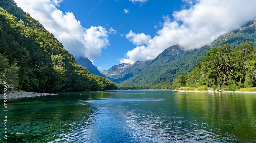 Crystal Clear River Flowing Through a Lush Green Valley Under Blue Sky : Generative AI