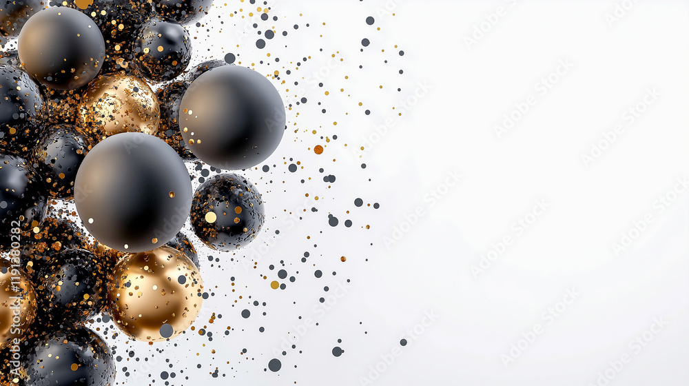 Festive white background with black and gold Balloons, black and gold Confetti Festive white background with black and gold Balloons, black and gold Confetti