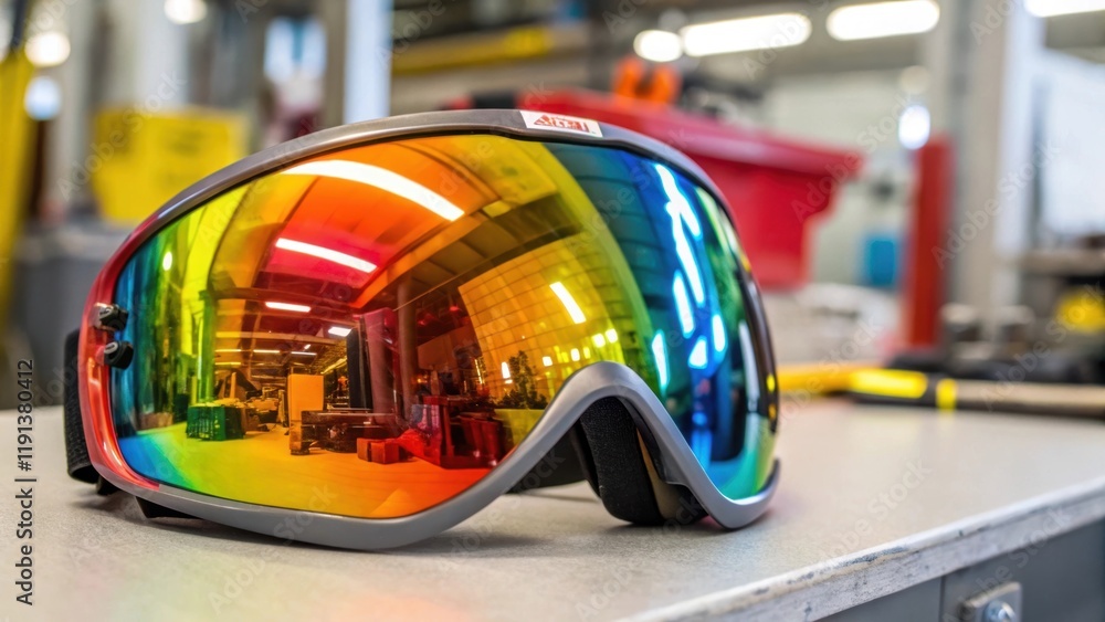 Fototapeta premium A closeup of a safety goggle lens reflecting a brightly lit workspace the vibrant colors of tools and machines visible in the reflection emphasizing the importance of protection in