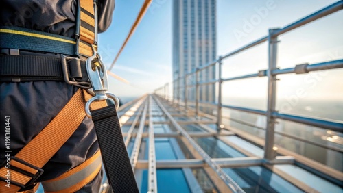 A closeup of a safety harness clipped to a highaltitude scaffold capturing the sense of vast space below and the monumental scale of the building as it stretches above underscoring photo