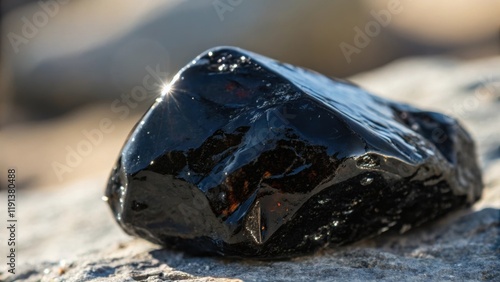 A closeup of a shimmering piece of obsidian its smooth glossy surface reflecting light like a mirror while its deep black hue hints at the volcanic origins. photo