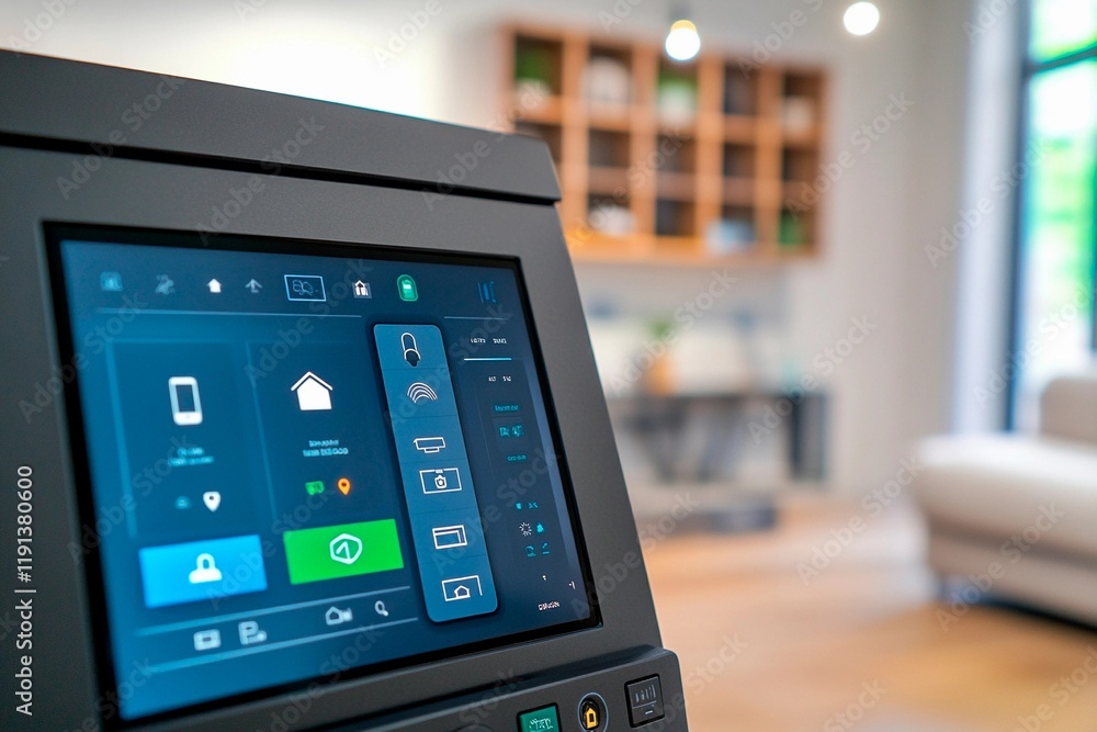 Modern home automation control panel displaying smart features in a stylish living room Modern home automation control panel displaying smart features in a stylish living room