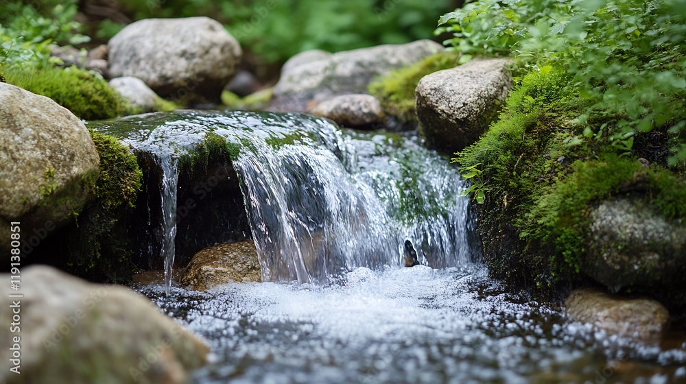 Tranquil Mossy Rock Waterfall in Serene Forest Brook Setting : Generative AI Tranquil Mossy Rock Waterfall in Serene Forest Brook Setting : Generative AI