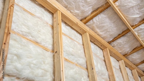 A closeup of a stud wall insulation layer being installed capturing the fluffy texture of fiberglass batts and the precise ting required to fit around the walls framework. photo