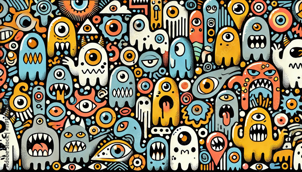 Abstract graffiti cartoon monsters, ghosts and strange beings. Generative AI. Abstract graffiti cartoon monsters, ghosts and strange beings. Generative AI.