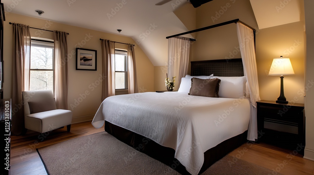 Elegant Bedroom with Classic Style Canopy Bed and Soft Ambient Lighting : Generative AI Elegant Bedroom with Classic Style Canopy Bed and Soft Ambient Lighting : Generative AI