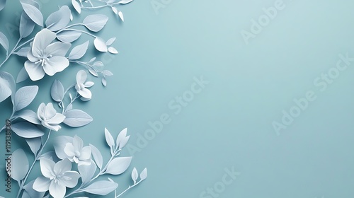 Elegant white paper flowers and leaves on blue background