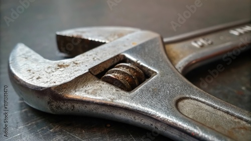 A closeup of a wrenchs jaw revealing fine metallic wear with hints of dirt embedded in crevices illustrating its reliable service through countless mechanical adjustments. photo