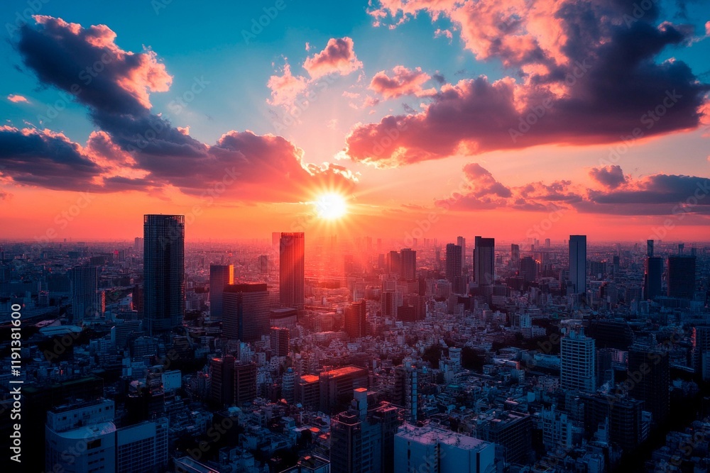 Fototapeta premium Breathtaking sunset over a vibrant city skyline with dramatic clouds and golden light