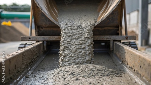 A closeup of concrete being poured from a large mixing truck capturing the texture and fluidity of the material as it fills a form representing the physical transformation of local photo