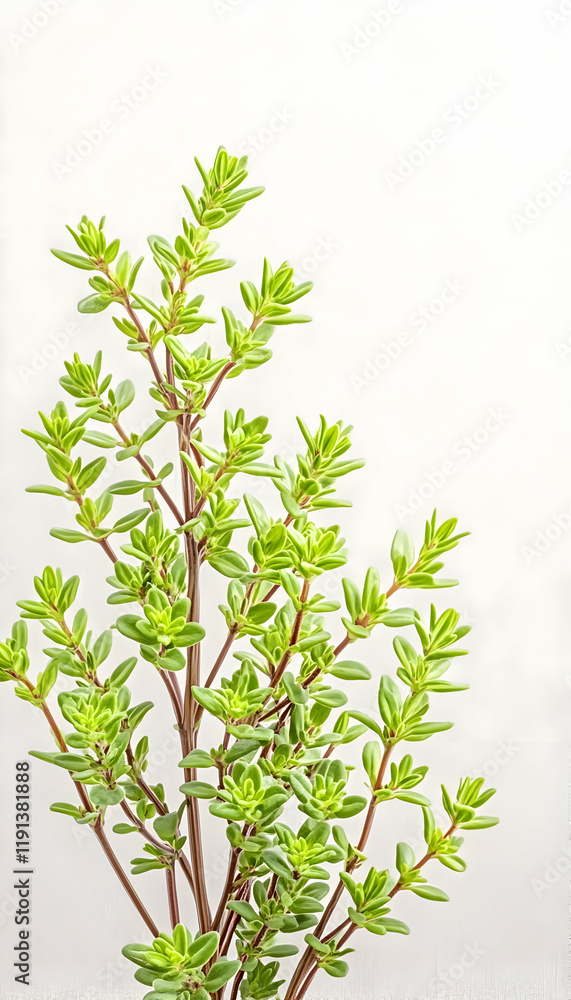 Fototapeta premium Fresh Thyme Sprig on White Background. Culinary Herb Closeup. Food Photography for Recipes