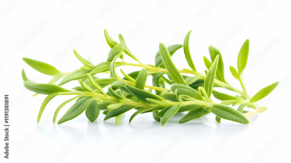 Fresh thyme sprig on white background; cooking, food ingredient, herb, healthy eating, recipe Fresh thyme sprig on white background; cooking, food ingredient, herb, healthy eating, recipe