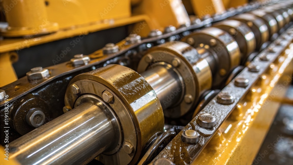 A closeup of the cranes hydraulic system with oil glistening on the metal components as they work in unison portraying the mechanical precision required for lifting heavy loads. A closeup of the cranes hydraulic system with oil glistening on the metal components as they work in unison portraying the mechanical precision required for lifting heavy loads.