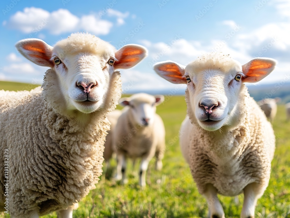 Close-up of Curious Sheep in Lush Green Field on Sunny Day : Generative AI Close-up of Curious Sheep in Lush Green Field on Sunny Day : Generative AI