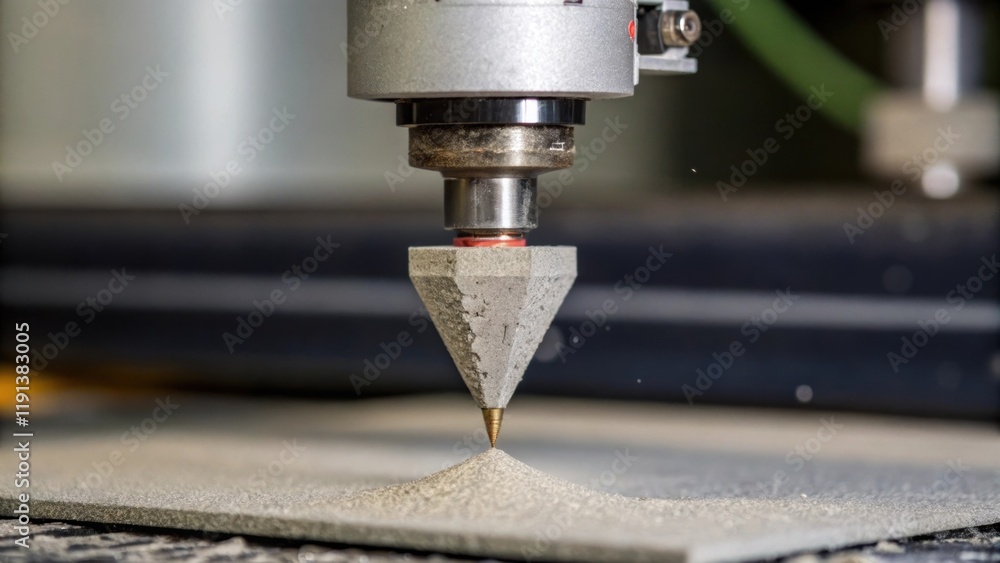 A closeup of the feed nozzle depositing material with droplets of concrete forming on the tip emphasizing the precision and technology involved in the printing process. A closeup of the feed nozzle depositing material with droplets of concrete forming on the tip emphasizing the precision and technology involved in the printing process.
