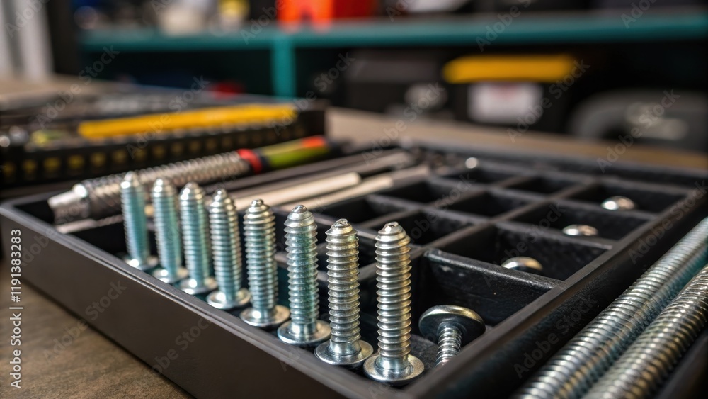 A closeup of the screws poised and ready in a nearby tray reflects the light while hinting at the other tools neatly organized on the workbench. A closeup of the screws poised and ready in a nearby tray reflects the light while hinting at the other tools neatly organized on the workbench.