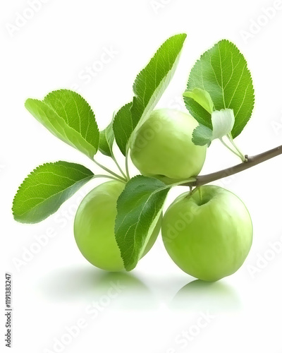 Wallpaper Mural Green apples on a branch with leaves, isolated on white background; perfect for healthy food, recipes, or agriculture websites Torontodigital.ca