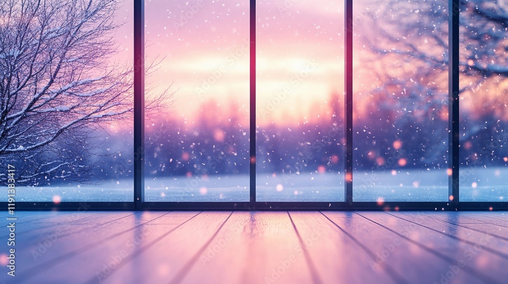 Fototapeta premium Cozy winter room with a large window revealing a snowy landscape, soft natural light filling the space, style book illustration
