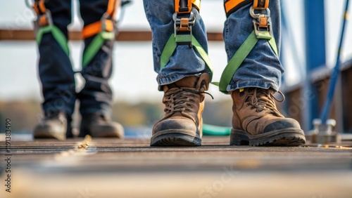 A closeup of the workers feet positioned firmly on the ground with the safety harness draped over their shoulder symbolizing readiness and the balance between ground safety and photo