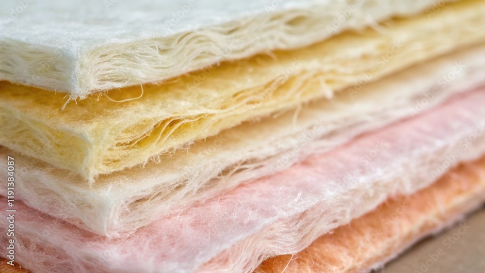 A closeup shot capturing the layering effect of fiberglass insulation where soft translucent layers sit atop one another each varying subtly in color and density suggesting an A closeup shot capturing the layering effect of fiberglass insulation where soft translucent layers sit atop one another each varying subtly in color and density suggesting an