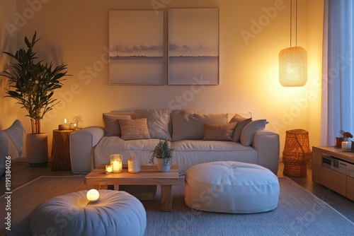 A calming living room with simple furniture, soft lighting, and neutral textures