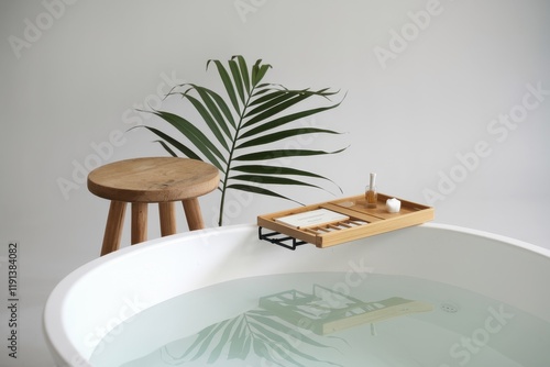 Serene Bathroom Setting With Tub Tray And Plant photo